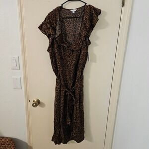 Time and Tru Womens Leopard Print Ruffle Neck Tie Waist Maxi Dress XXL 20